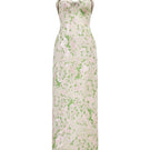 Pastel floral corsetry tube gown by Montsand featuring a fitted bodice and elegant floral design for formal occasions.