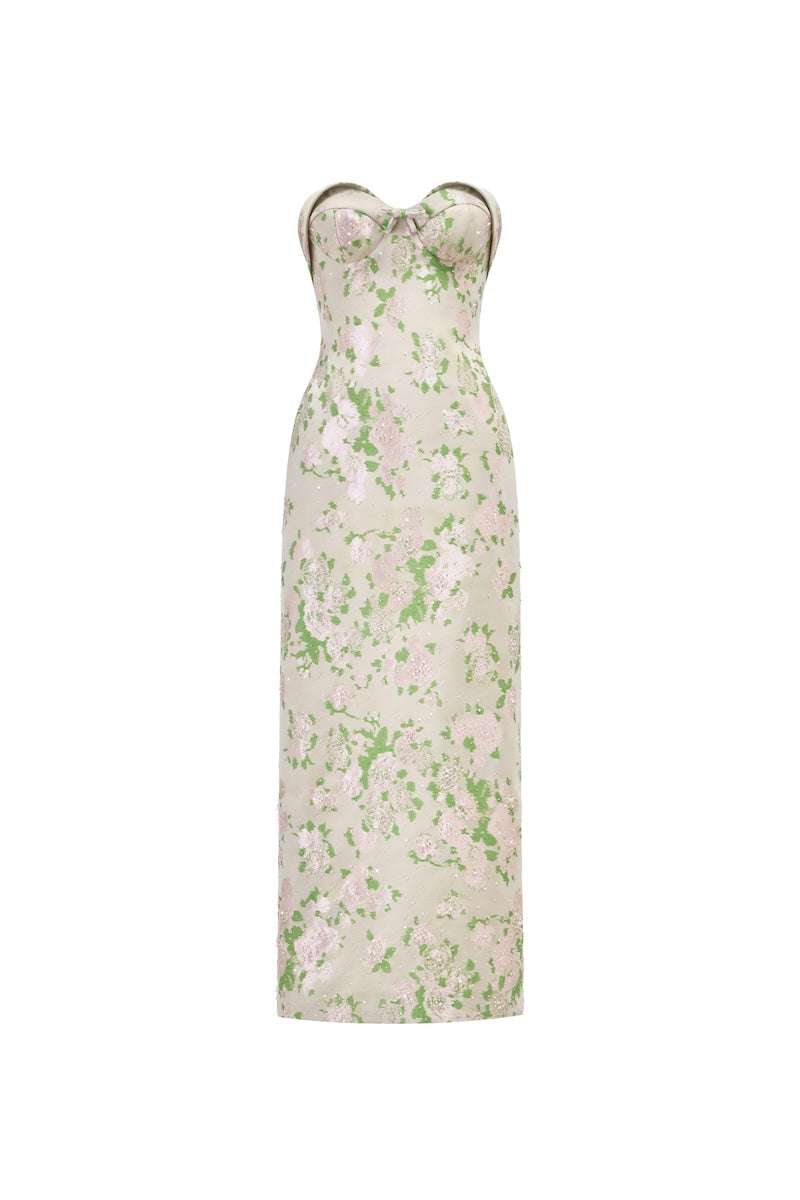 Pastel floral corsetry tube gown by Montsand featuring a fitted bodice and elegant floral design for formal occasions.