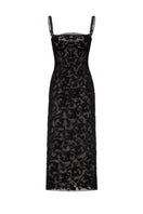 Black straight neckline bodice gown by Montsand, featuring a sleek fit and elegant design, shown from the front.
