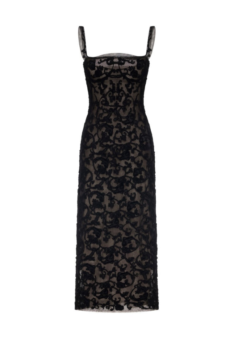 Black straight neckline bodice gown by Montsand, featuring a sleek fit and elegant design, shown from the front.