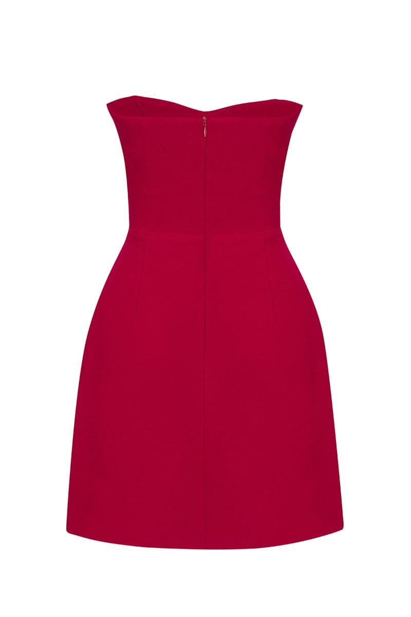 Nana Gotti Nour strapless mini dress with 3D feather trim, rose crepe fabric, fitted silhouette, and stylish design.
