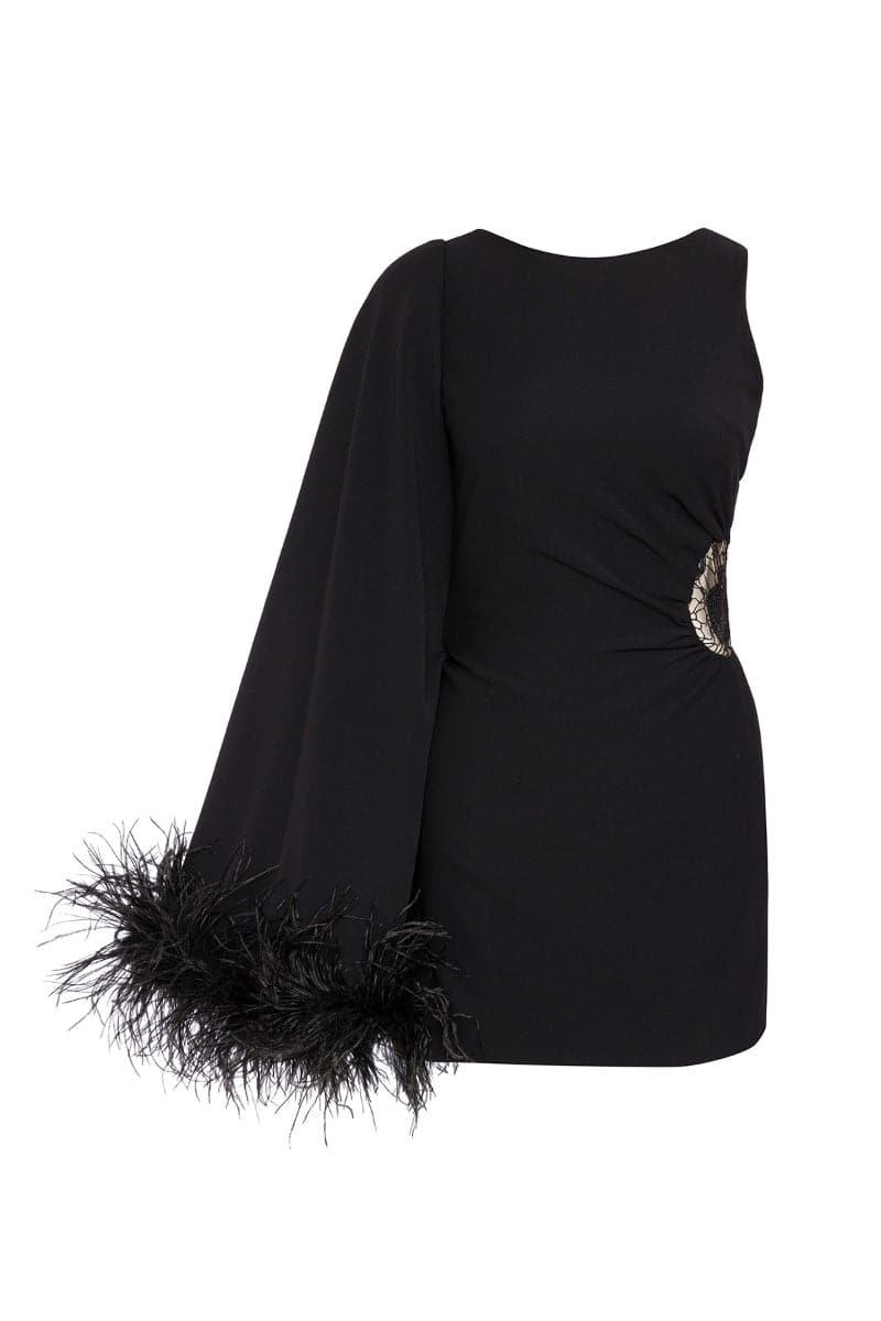 ONE-SHOULDER FEATHER-TRIMMED LACE MINI DRESS - CULT MIA
