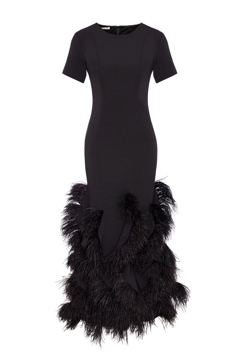BLACK MAXI DRESS WITH FEATHER PANELS - CULT MIA