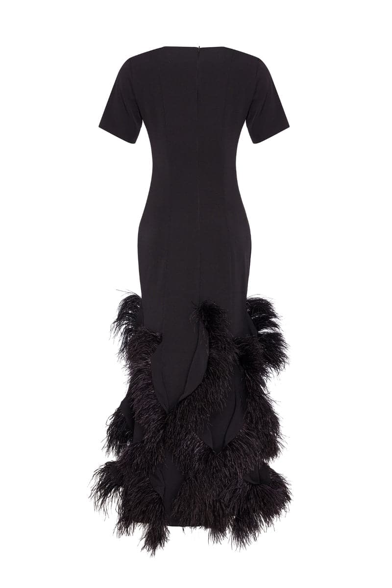 black dress with feathers at the bottom Black maxi dress with feathers on the bottom