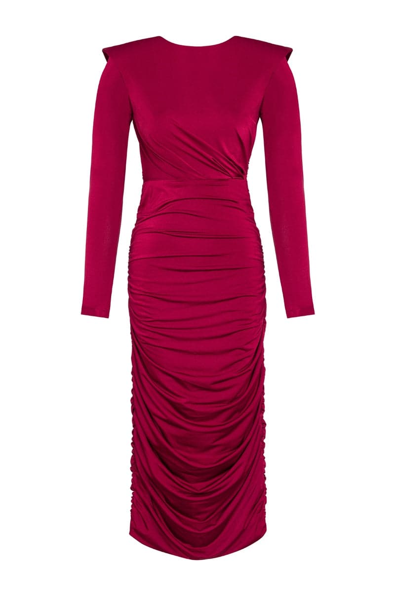 SAHAR RED RUCHED STRETCH-JERSEY MIDI DRESS - CULT MIA