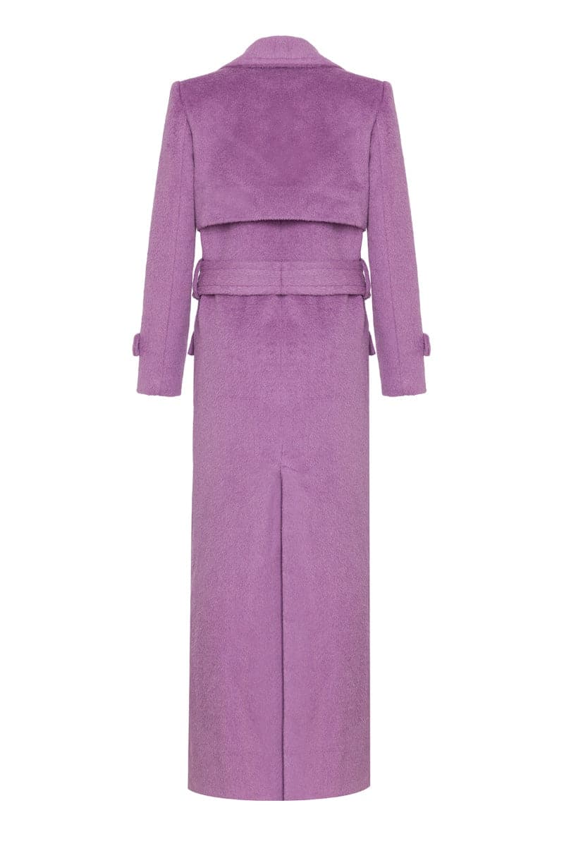 Nana Gotti jade double-breasted cashmere-wool coat displayed on a hanger, showcasing the elegant lapels and tailored fit.