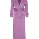 Nana Gotti jade double-breasted cashmere-wool coat hanging on a wooden rack with a tailored fit and classic design.