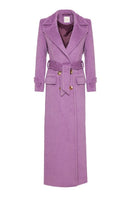 Nana Gotti jade double-breasted cashmere-wool coat hanging on a wooden rack with a tailored fit and classic design.
