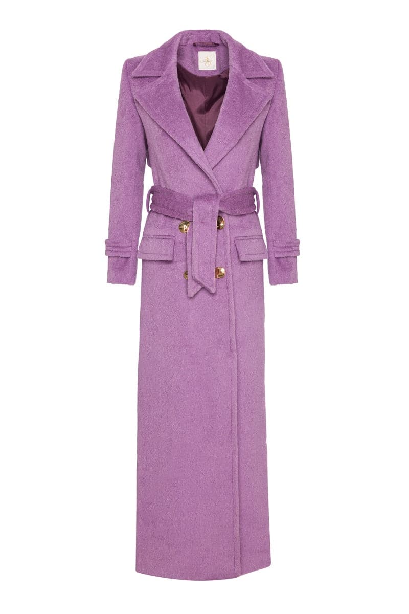 Nana Gotti jade double-breasted cashmere-wool coat hanging on a wooden rack with a tailored fit and classic design.