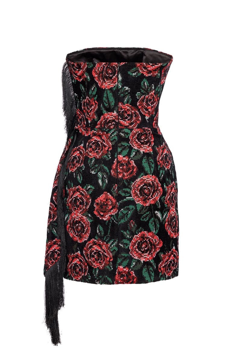 STRAPLESS WRAPPED CORDUROY ROSE MINI DRESS - CULT MIA