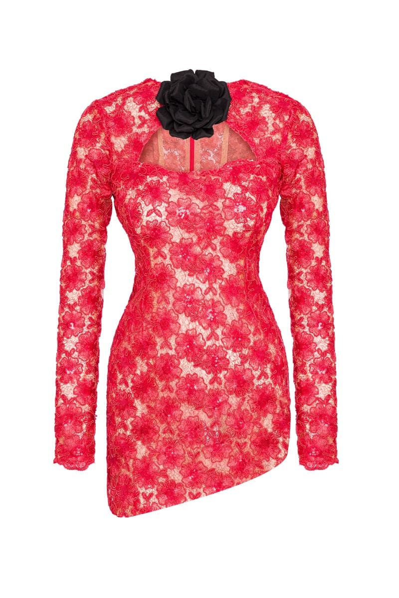 CUT-OUT 3D SATIN ROSE SEQUINED-LACE MINI DRESS - CULT MIA
