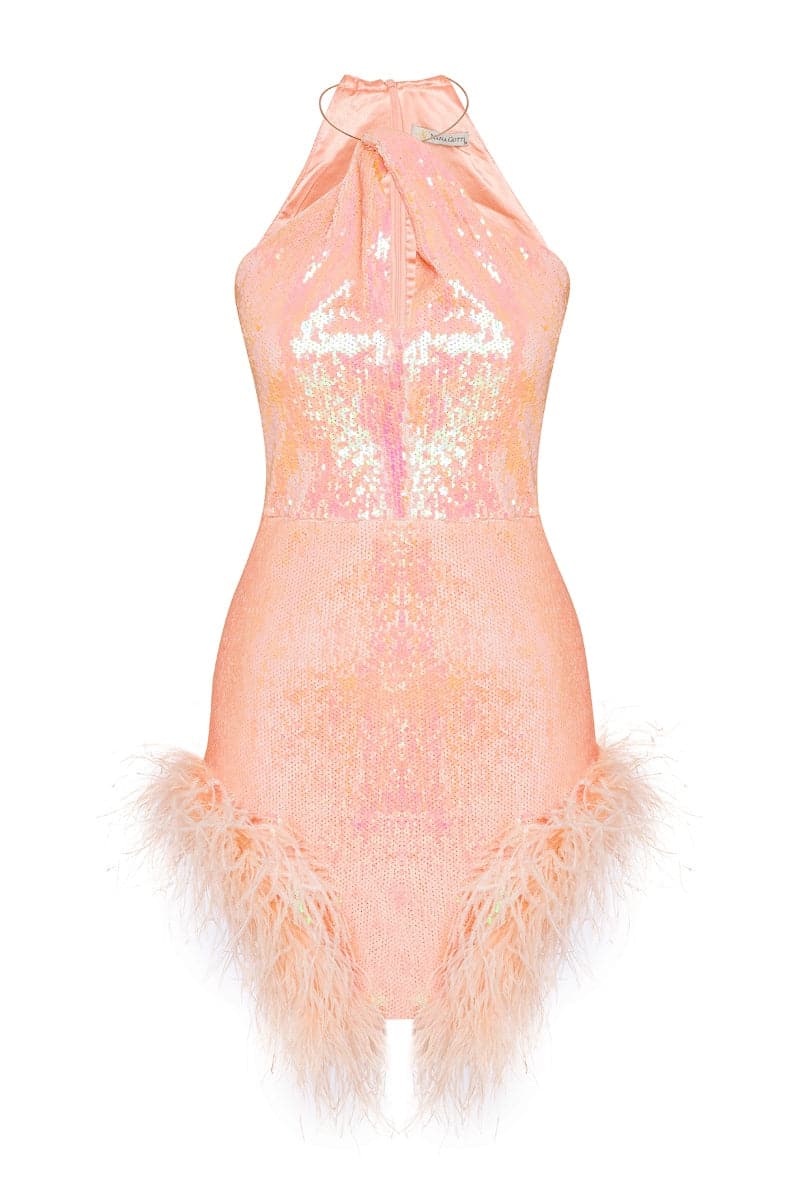 PEACH FEATHER-TRIMMED HALTER NECK MINI DRESS - CULT MIA