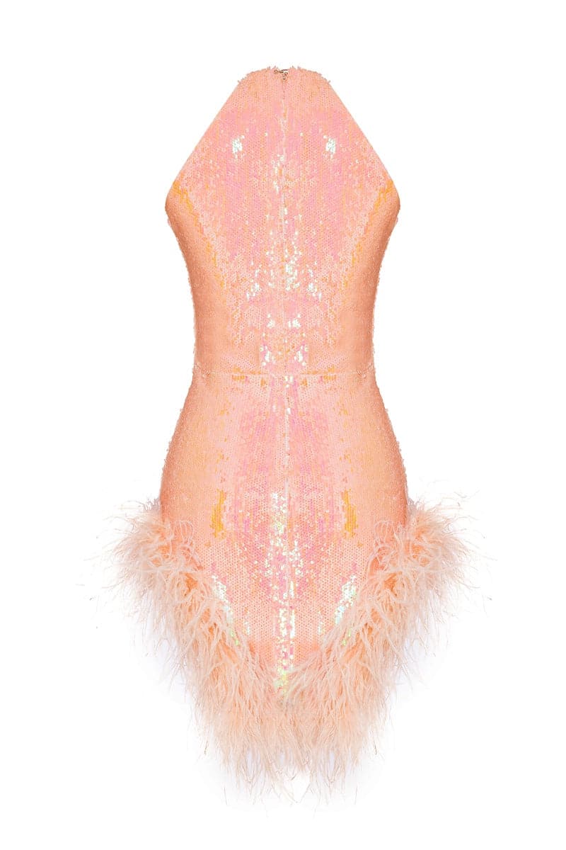 PEACH FEATHER-TRIMMED HALTER NECK MINI DRESS - CULT MIA