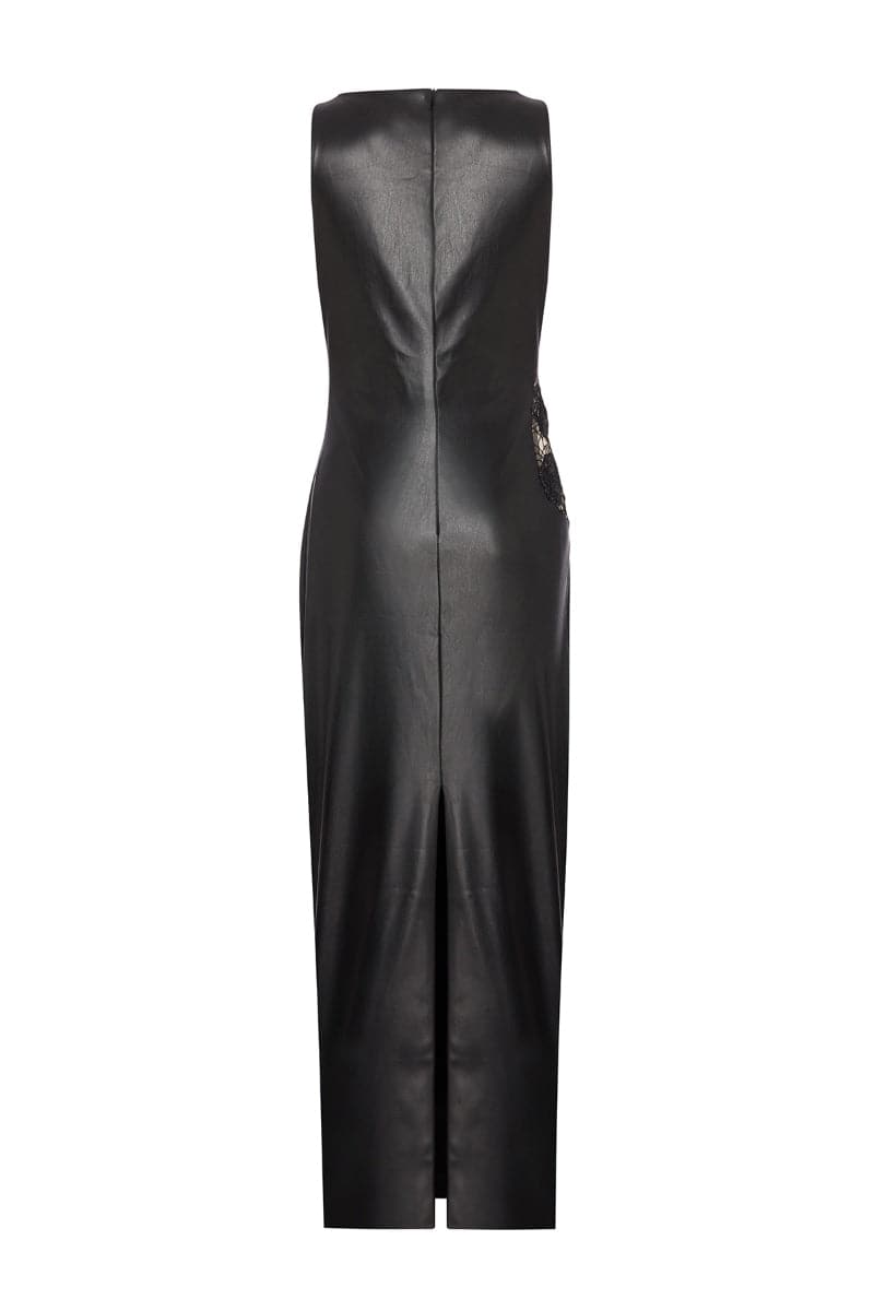 Women's Cutout Faux Leather Pencil Dress - Halter Neck, Backless With Chains, Party Mini Dress