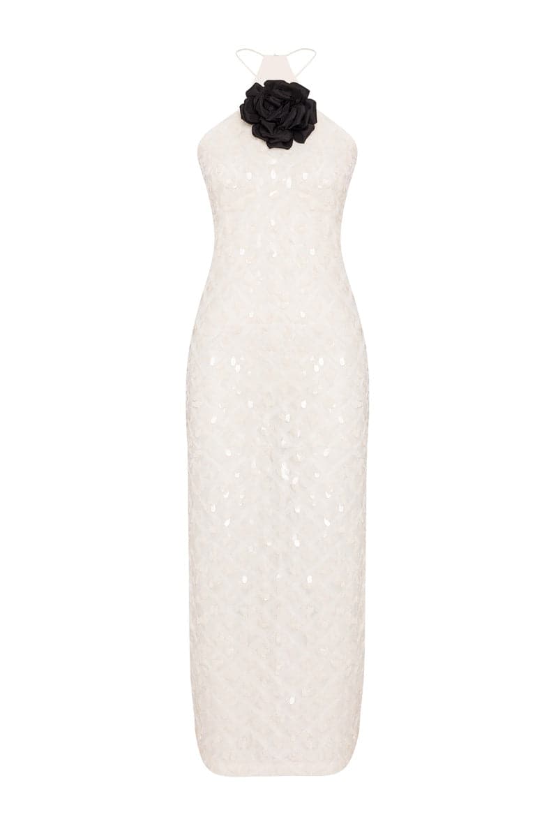 AYA 3D SATIN ROSE SEQUINED-TULLE HALTERNECK MIDI DRESS - CULT MIA
