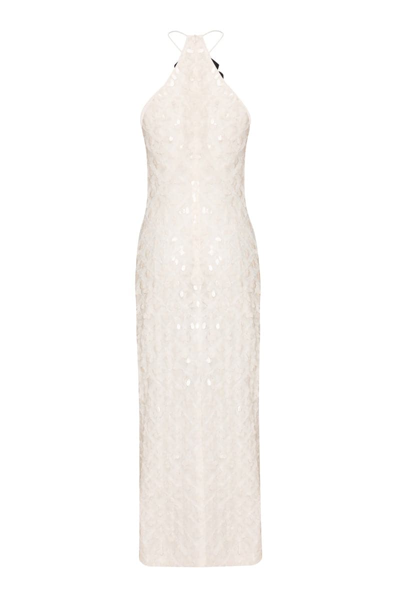 AYA 3D SATIN ROSE SEQUINED-TULLE HALTERNECK MIDI DRESS - CULT MIA