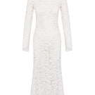 White turtleneck lace maxi dress by Nana Gotti, featuring a flowing silhouette and intricate lace details.