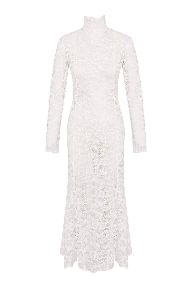 WHITE TURTLENECK LACE MAXI DRESS - CULT MIA