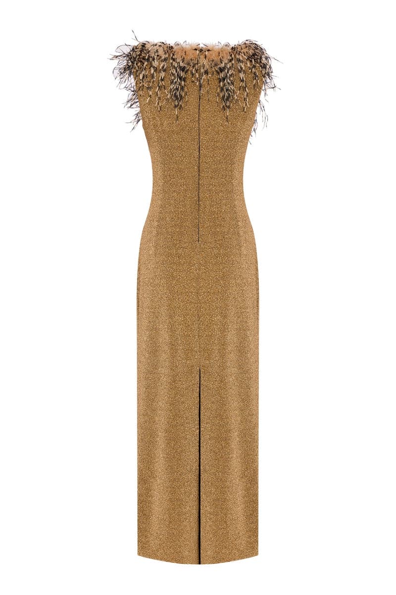 GOLD FEATHER DETAILED MIDI DRESS - CULT MIA