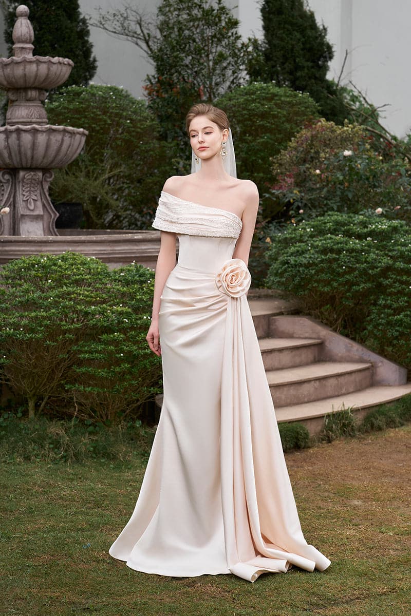 OFF-SHOULDER DRAPED SILK MERMAID GOWN - CULT MIA