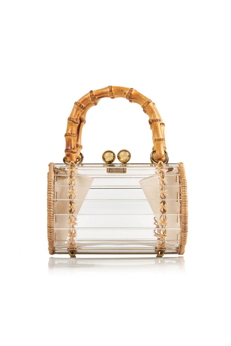 Waiwai Rio Alix Bambu Bag in Crystal, a stylish top handle bag with transparent crystal design and bamboo accents.