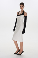 White BALYKINA June midi dress displayed on a hanger with a flowy, elegant design perfect for casual or semi-formal occasions.