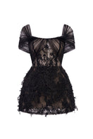 Black Bianca lace mini dress by 21Six, featuring intricate lace details and a fitted silhouette, perfect for stylish occasions.