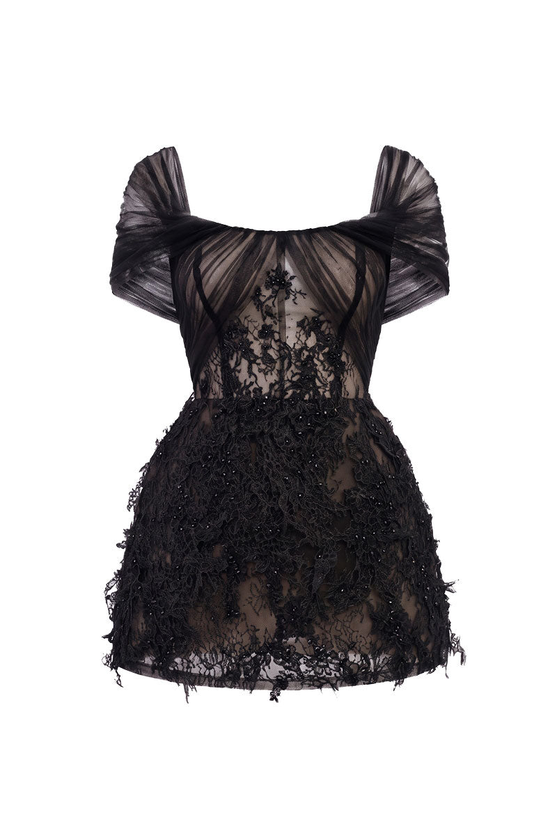 Black Bianca lace mini dress by 21Six, featuring intricate lace details and a fitted silhouette, perfect for stylish occasions.
