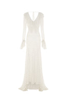 White Valenciani mermaid mesh maxi dress featuring a fitted silhouette and elegant design, perfect for formal occasions.
