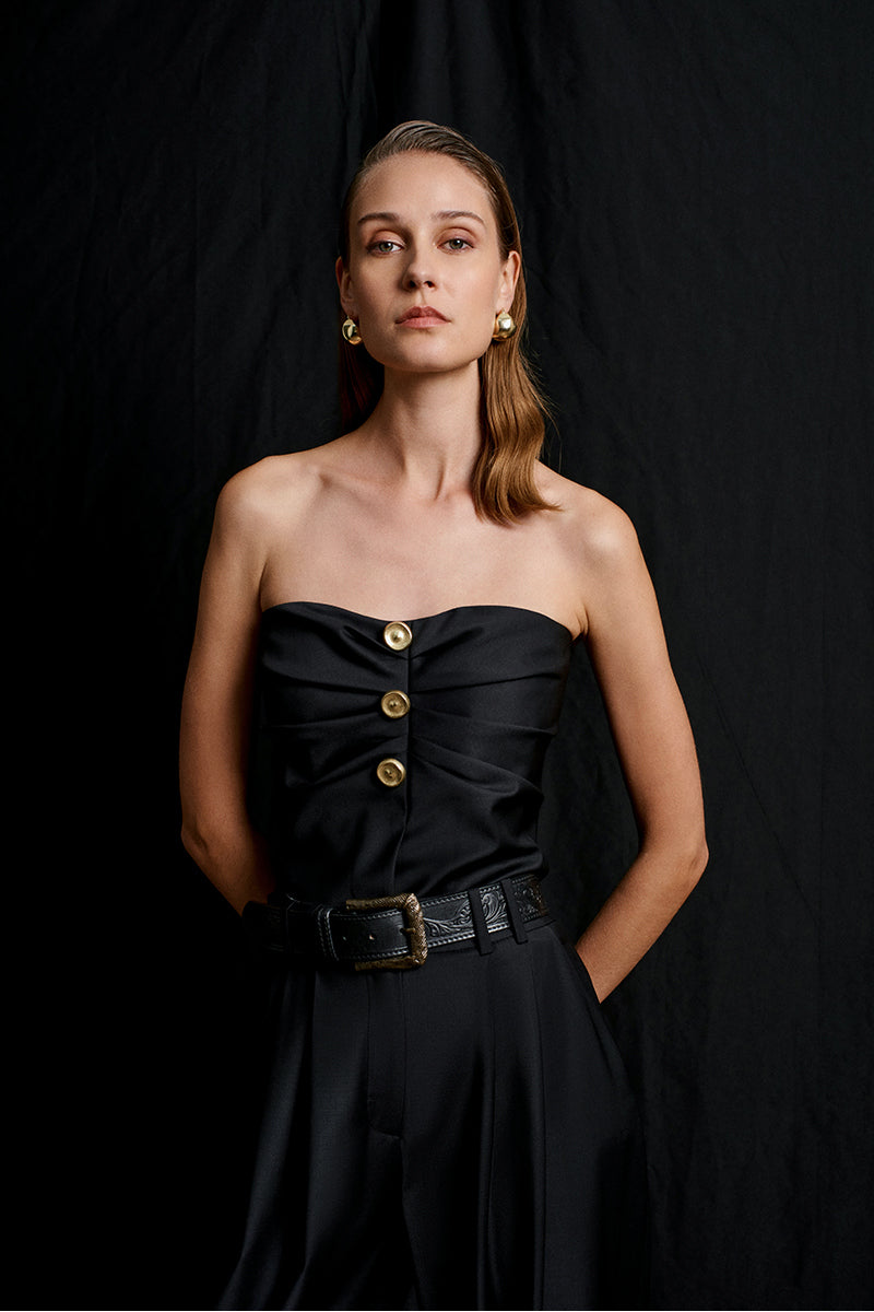 Black Acaria Studio Guru Top, a stylish women's blouse with a relaxed fit and elegant design, shown in the image.