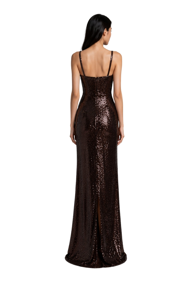Lili Blanc brown ankle-length evening gown with a sleek, elegant silhouette, perfect for formal occasions.