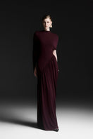 Maison Des Copains purple ruched floor-length gown with elegant draping and fitted waist for formal occasions.