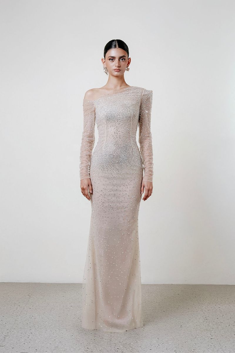 CRYSTAL LONG SLEEVES GOWN IN NEUTRAL - CULT MIA