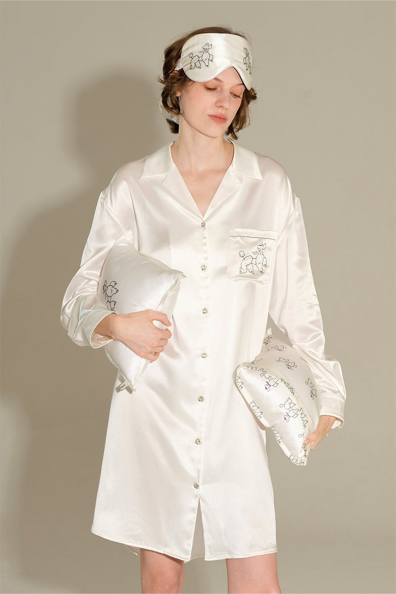 DIAMOND POODLES WHITE SILK SHIRT DRESS - CULT MIA