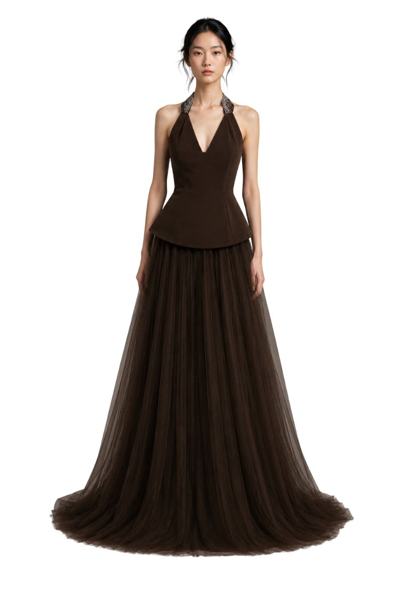 Lili Blanc brown floor-length evening gown with elegant fit and flowing fabric, styled for formal occasions.