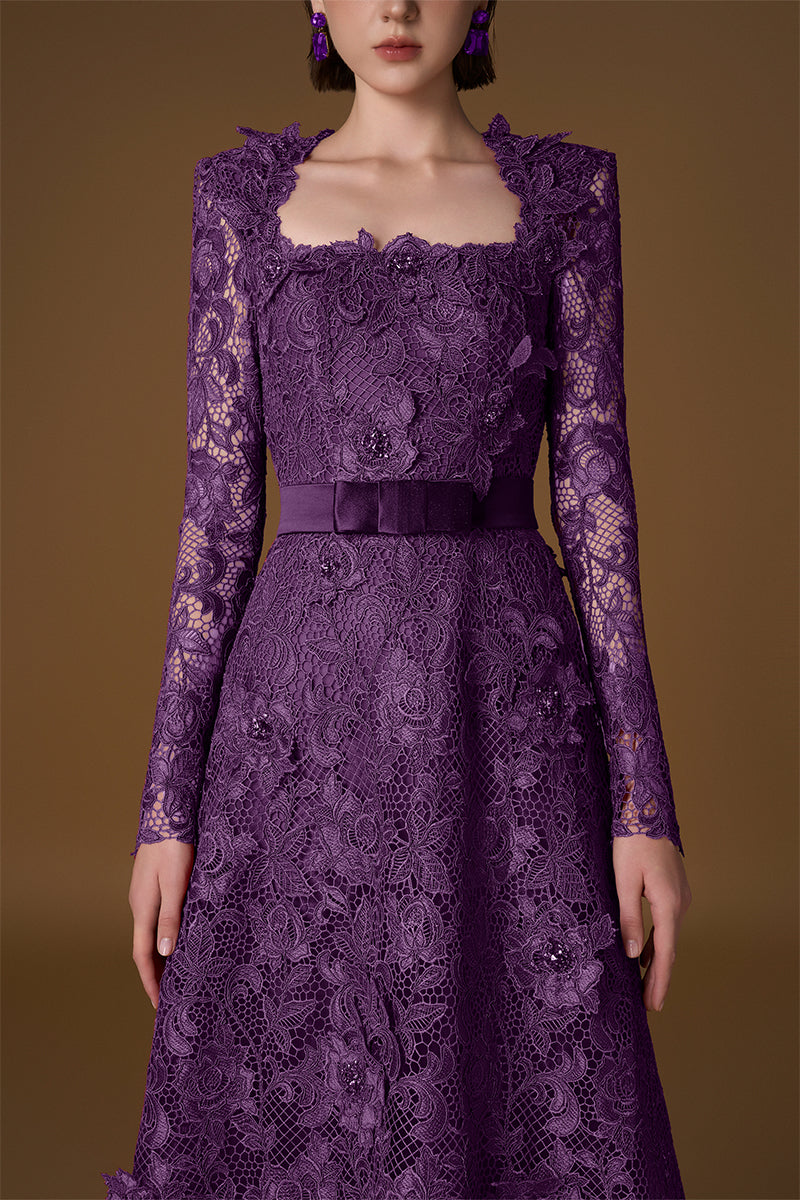 V-NECK A-LINE LACE GOWN WITH LONG SLEEVES IN PURPLE | CULT MIA | I.H.F V-NECK A-LINE LACE GOWN WITH LONG SLEEVES IN PURPLE | CULT MIA | I.H.F
