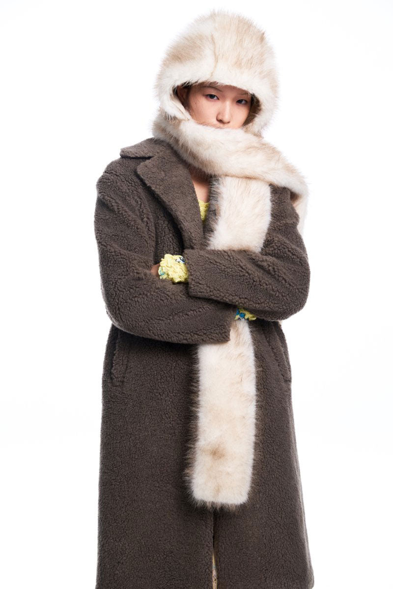 Chictopia faux fur hood scarf showing soft, plush faux fur material with a hood design, perfect for cold weather accessories.