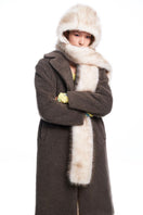 Chictopia faux fur hood scarf with plush texture, cozy winter accessory, perfect for adding warmth and style to winter outfits.