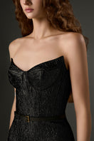 Black Lotus Jacquard Column Dress by I.H.F Studio, elegant gown with intricate jacquard fabric and fitted silhouette.