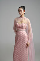 Elegant pearl straight long gown with scarf detail by Happy Clothing, featuring a sleek design and flowing fabric.
