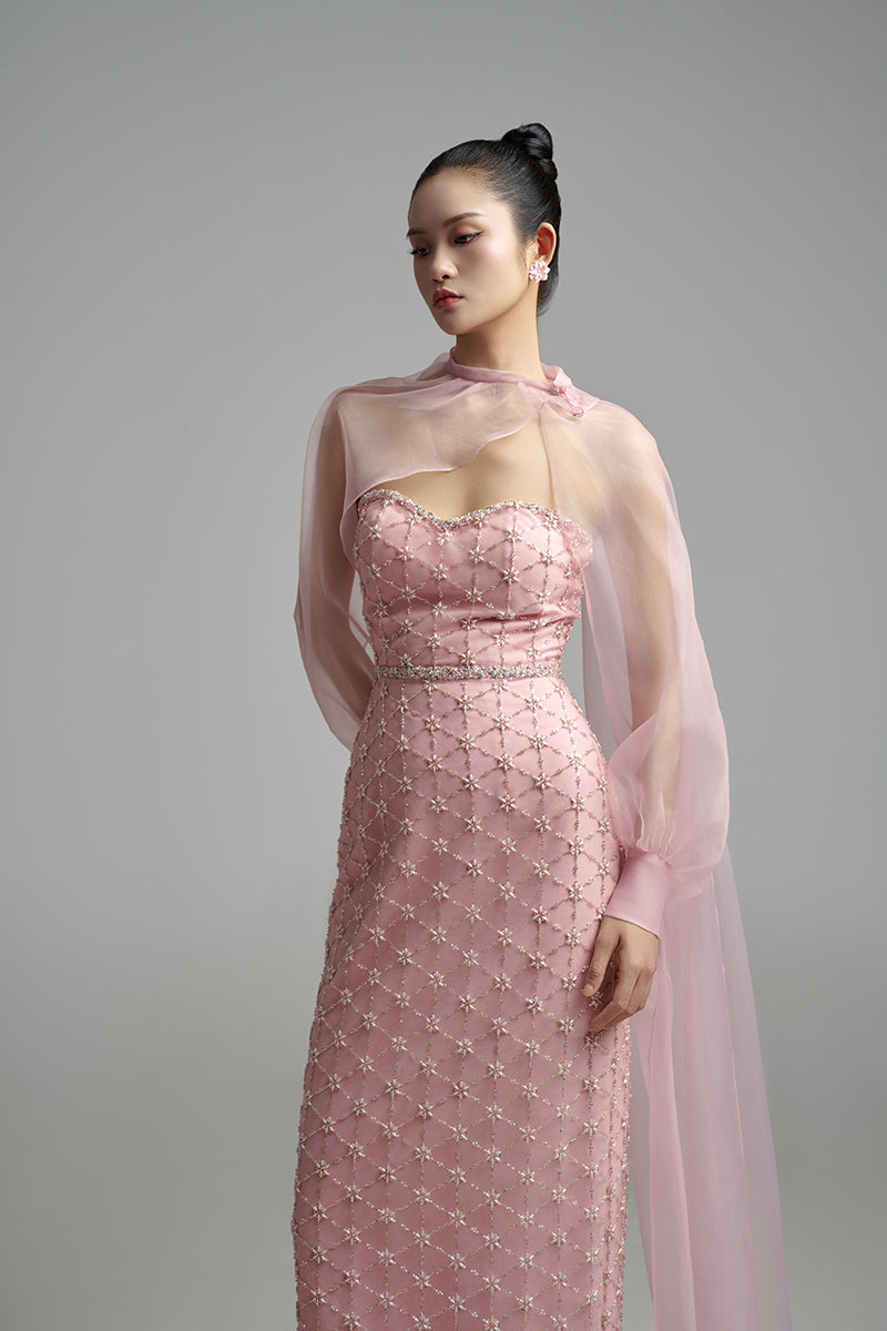 Elegant pearl straight long gown with scarf detail by Happy Clothing, featuring a sleek design and flowing fabric.