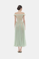Mint off-shoulder midi dress by Montsand featuring a fitted bodice and flowing skirt, perfect for elegant summer occasions.