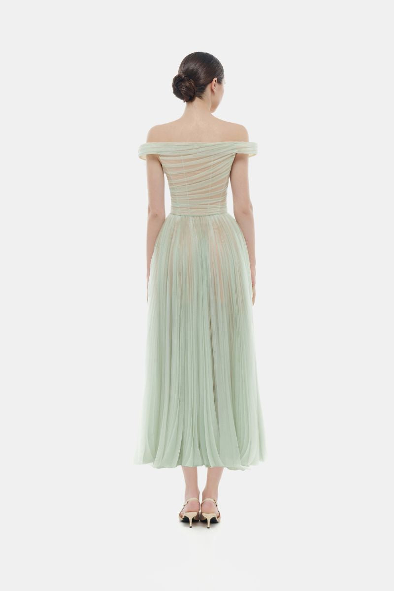 Mint off-shoulder midi dress by Montsand featuring a fitted bodice and flowing skirt, perfect for elegant summer occasions.