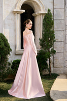 Off-shoulder bamboo taffeta gown by Tracy Studio featuring a flowing silhouette and elegant design.
