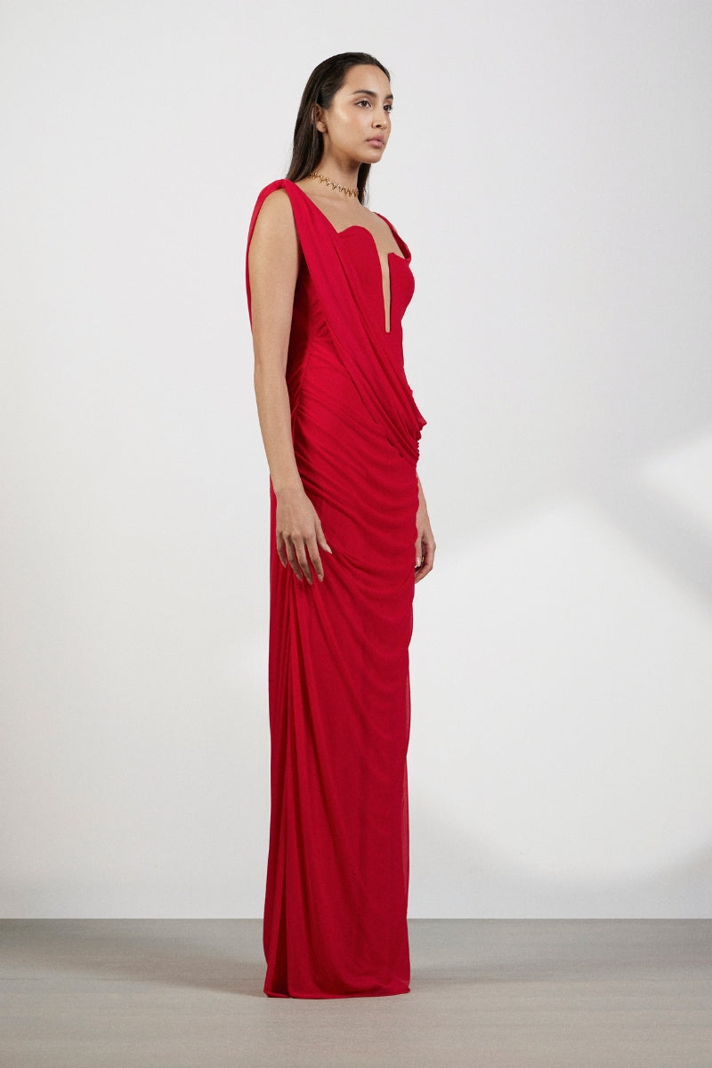 Deme By Gabriella Adriana Red Maxi Dress featuring flowing fabric, sleeveless design, and elegant length perfect for formal occasions.
