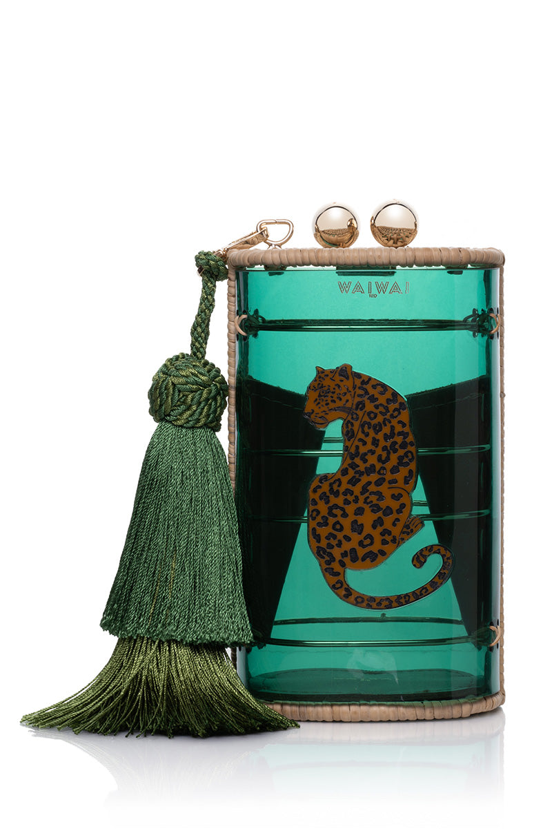 Waiwai Rio Cantil Green Jaguar shoulder bag with a vibrant green color and sleek design, featuring a jaguar print on the fabric.