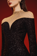 Lune De Soie high neck fishnet shoulder gown featuring a stylish, elegant design with a high neckline and intricate fishnet details.
