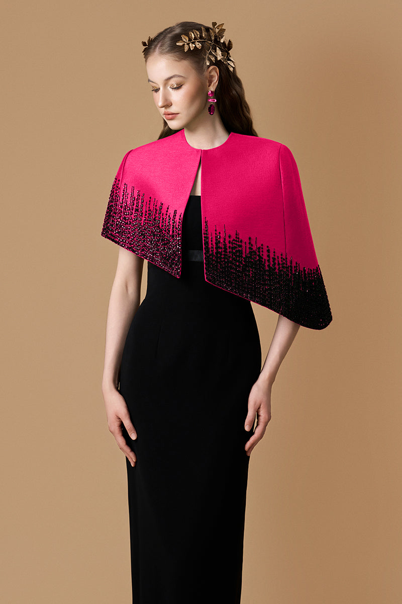 Pink crepe de chine taffeta gown by I.H.F, showcasing elegant flowing fabric and a sophisticated evening dress silhouette.