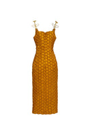 Onalaja Asha midi dress in gold, showcasing elegant fabric and stylish design, perfect for formal or special occasions.