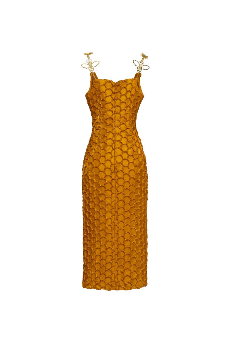 Onalaja Asha midi dress in gold, showcasing elegant fabric and stylish design, perfect for formal or special occasions.